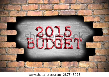 Hole at the brick wall with 2015 budget caption inside.