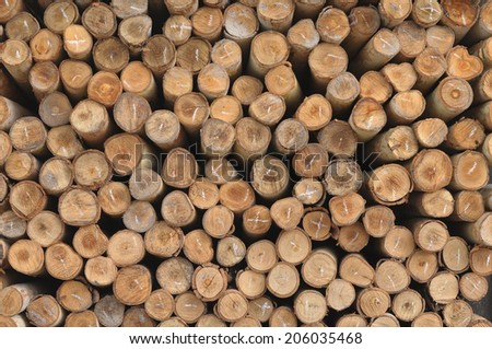 Many rows of timber are stacked high at a sawmill.