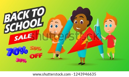 Vector back to school sale banner, poster background. Boy and girl holding a brush, paint and eraser. Layout for discounts, flyers and stores. Option 2.Eps10