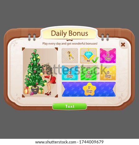 Pop Up Window Daily Bonus For Game UI Cartoon Beige Brown Style Green Buttons Monograms Double Rounded Down Angles Vector Design