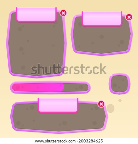 Game UI Windows Set Glamour Juicy Colorful Cute Cartoon With Protruding Corners With Borders In Pink Purple  Color With Header And Close Button    Vector Design