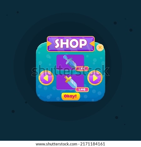 Game UI Shop  Double Swords Price Blue Turquoise Marine Sea Bubbles  Abstract Cute Cartoon Colorful Bright Pop Up Window Purple Gem Header Vector Design