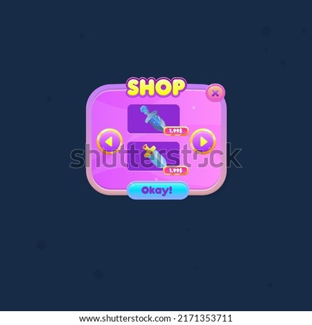 Game UI Pop Up Window Shop Double Swords Price Purple Abstract Cute Cartoon Colorful Bright Buttons Banners Vector Design