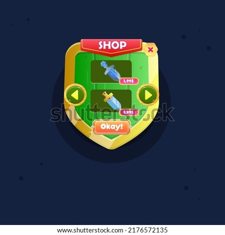 Game UI Pop Up Window Shop Double Swords Price On Green Wooden Shield Of Kingdom With Golden Borders For RPG Games  And Button , Header Flag , Cute Cartoon Colorful Vector Design