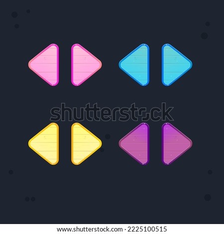 Game UI Navigation Arrows Left And Right Set Pink Blue Orange Purple  Wooden Glass Borders Sweet Soft Cute Colorful Cartoon Glossy Vector Design