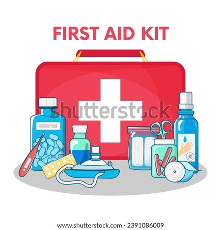 First aid kit illustration with medicaments and tools. Thermometer, pills, cure, pocket breathing mask and others.