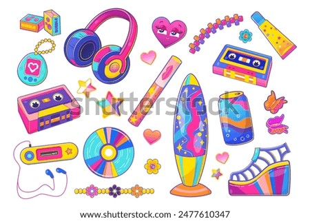 Y2k aesthetic set. Vector collection of retro 90s 2000s pop culture items including cassette tapes, lava lamps, headphones, etc, perfect for nostalgic designs.