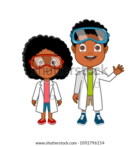 African american cartoon scientist boy and girl in lab coats
