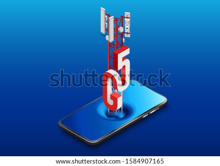 Implementation of 5G technology in mobile networks. Equipped with a module for receiving the fifth generation signal. Smartphone addictive the antenna with the logo of 5G.