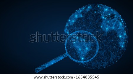 Research the planet, search for mineral deposits, market analysis in the country or on the continent. Low-poly model of the planet earth with a magnifying glass. Concept of triangular lines and points