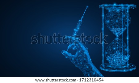 Medical procedure. Time for your medication. An hourglass and a hand with a syringe. Low-poly design. Blue background.