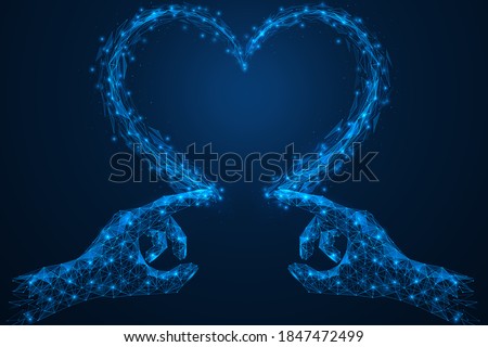 Hands draw the outline of a heart in the sky. Gesture of expressing feelings of love. Bright polygonal design of thin lines and dots. Blue background.