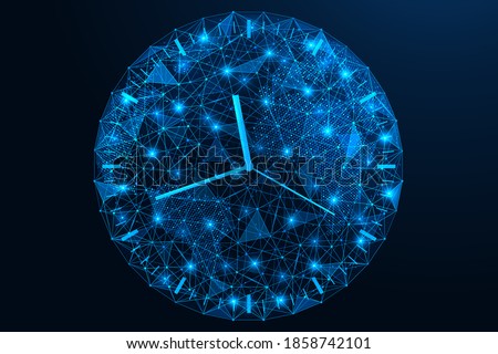 Clock face on the planet earth. Global time. Low-poly construction of the globe from concatenated lines and points. Blue background.