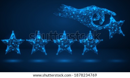 Star rating. Improving the company's rating, evaluating the quality of services provided. The hand places the fifth star. Polygonal construction of concatenated lines and points. Blue background.