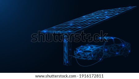 The electric car is charged from a solar gas station. Polygonal construction. Blue background.