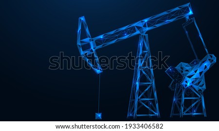 Industrial oil pumping tower. Fuel production. Polygonal construction of concatenated lines and points. Blue background.