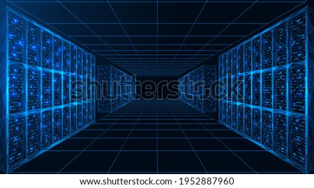 Data center. Servers for processing and storing information. A corridor of digital supercomputers. Polygonal construction of connected lines and points. Blue background.