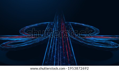 A road junction, an unobstructed intersection of two roads. Expressway, the effect of car headlights at night. Polygonal construction of lines and points. Blue background.