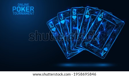 Royal flush. A combination of playing cards in poker. Polygonal construction of concatenated lines and points. Blue background.