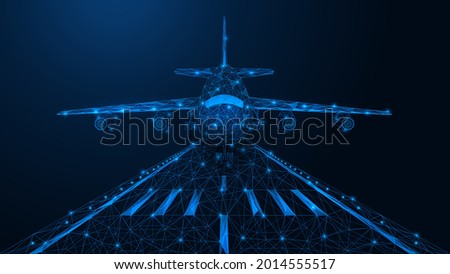 The plane lands on the runway. A low-poly model of air transport. Blue background.