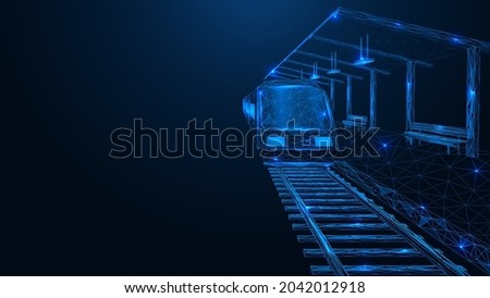 The train is at a stop point. Railway station. Polygonal construction of interconnected lines and points. Blue background.