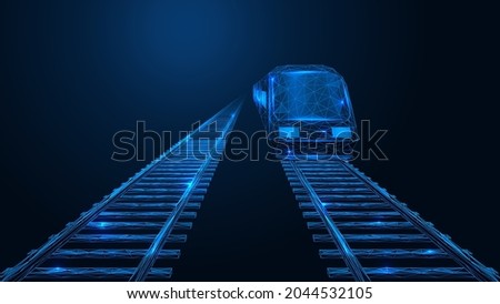 A train traveling on rails. A two-way railway track. A low-poly construction of interconnected lines and points. Blue background.