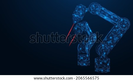 Robotic industrial laser. A low-poly construction of interconnected lines and dots. Blue background. Foto stock © 