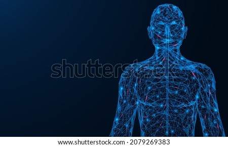 The human nervous system. Nerve impulses spreading through the body. A low-poly construction of interconnected lines and dots. Blue background.