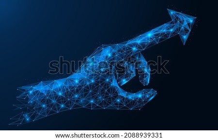 The finger of the hand in the form of a direction arrow. Polygonal design of interconnected lines and points. Blue background.