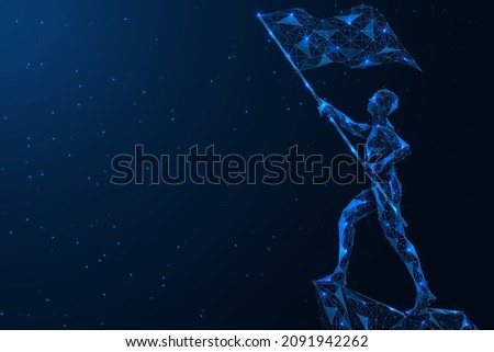 The man at the top is waving a flag. Polygonal design of interconnected lines and points. Blue background.