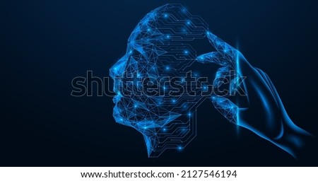 The process of programming artificial intelligence. Transformation of the hand into a control tool. The printed circuit board forms the contour of a person's face. Mind control. Polygonal design.