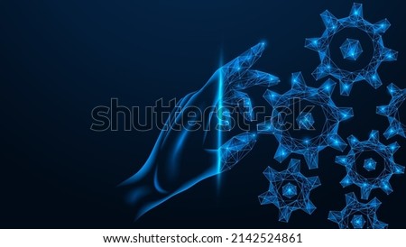 Adjustment of the digital mechanism. The hand adjusts the mechanical gears. Polygonal construction of lines and points. Blue background.