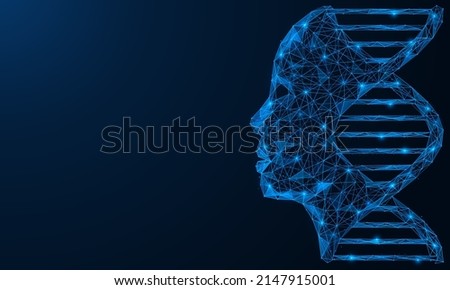 DNA spiral with a human face. Scientific genetic research. Genealogical information. Polygonal design of interconnected lines and points. Blue background.