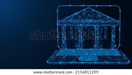 Electronic banking. The building of a financial institution in the laptop screen. Low-poly design of interconnected lines and dots. Blue background.