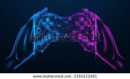 Network gaming. Futuristic game joystick in hands. Polygonal design of interconnected lines and points. Blue background. Foto stock © 