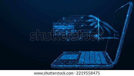 Hand from the laptop copies the information from the payment card. Polygonal design of interconnected lines and points. Blue background.