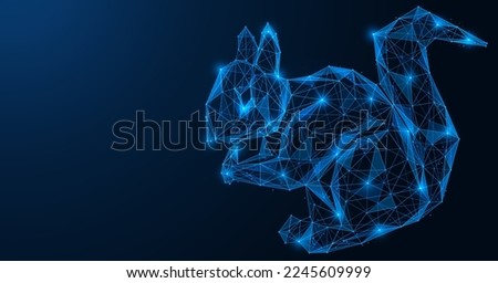 Squirrel with a nut. Polygonal design of interconnected lines and points. Blue background.
