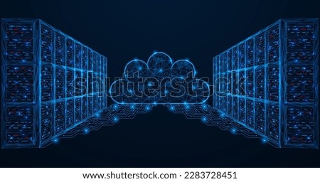 Cloud server storage. Polygonal design of interconnected lines and points. Blue background.