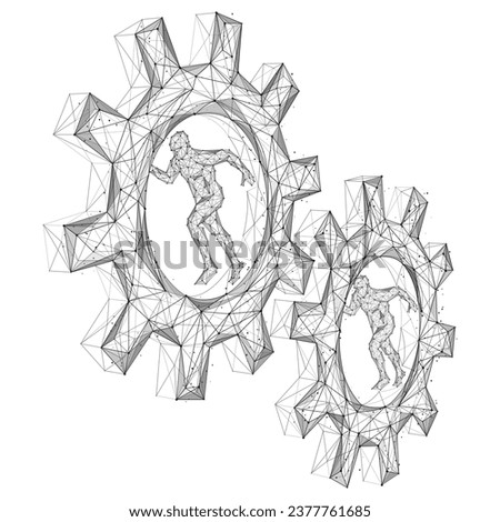 People running inside the gears. Polygonal design. White background.