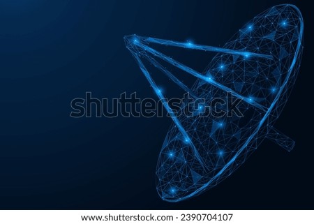 Parabolic antenna. Low-poly design of interconnected elements. Blue background.