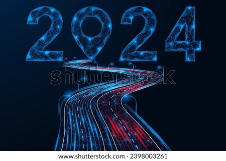 Road to 2024, the location pin at the end of the path. A low-poly design of interconnected elements. Blue background.
