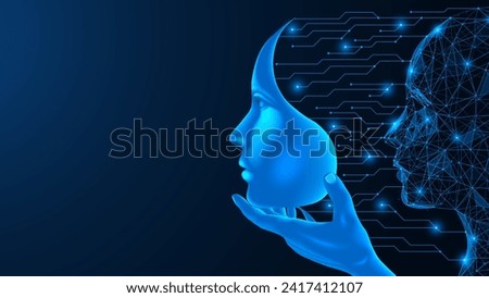 Artificial intelligence connects a human face. The creation of a humanoid robot. Polygonal design. Blue background.