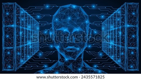 Artificial intelligence connected to a data center. Polygonal design of interconnected lines and dots. Blue background.
