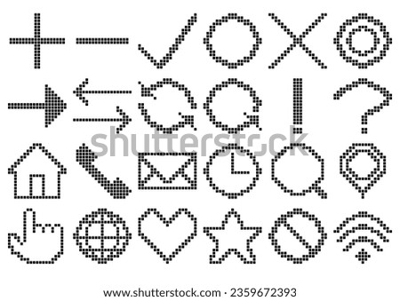 Retro icon set of pixel art. Vector illustration. 24 isolated items. Pluses and minuses, circles and crosses, exclamation marks and question marks, telephones and emails, hearts, stars, arrows, etc.