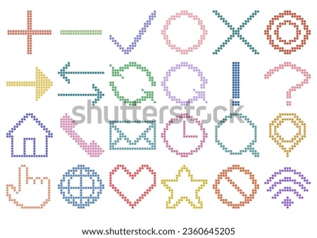 Retro icon set of pixel art. Vector illustration. 24 isolated items. Pluses and minuses, circles and crosses, exclamation marks and question marks, telephones and emails, hearts, stars, arrows, etc.