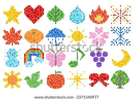 Retro icon set of pixel art. 24 isolated cute items. Vector illustration. Star, heart, weather, fruits, flowers, etc. Colorful mosaic design.