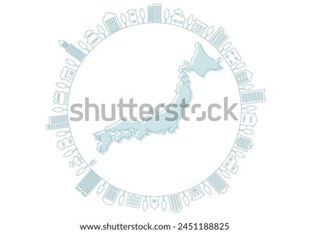 Vector illustration of Japan and buildings. Line drawing Japan map and circular cityscape frame. White background. 