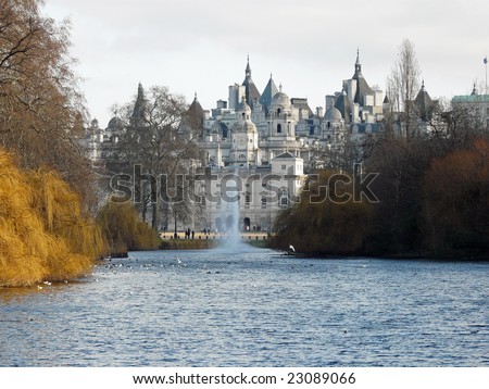 Ornate Horseguards Palace and the lake at St. James\' Park in London, England