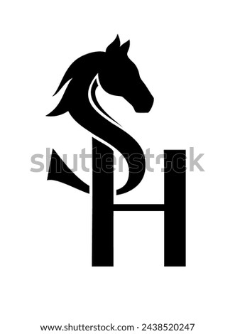 Monogram of letters S, H. Horse logo, vector illustration. Horse head silhouette. Interweaving of letters and horse