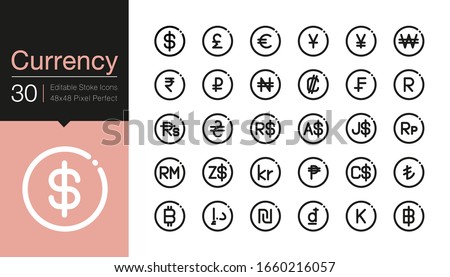 Currency icons. Modern line design. For presentation, graphic design, mobile application, web design, infographics, UI. Editable Stroke. Vector illustration.